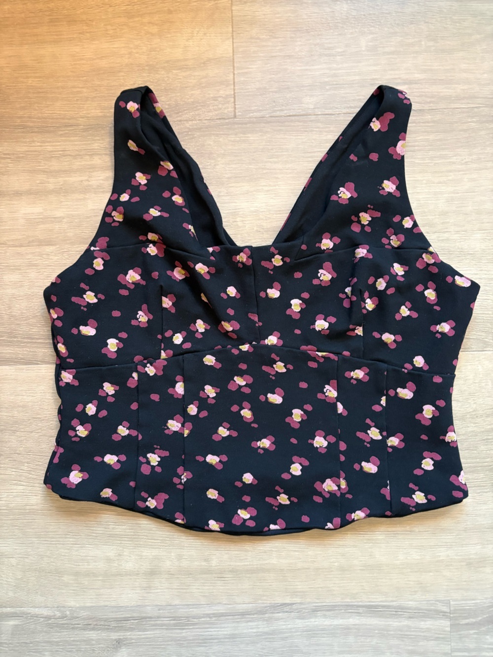 CAbi Black Floral Print Crop Top with Pink Accents size M
